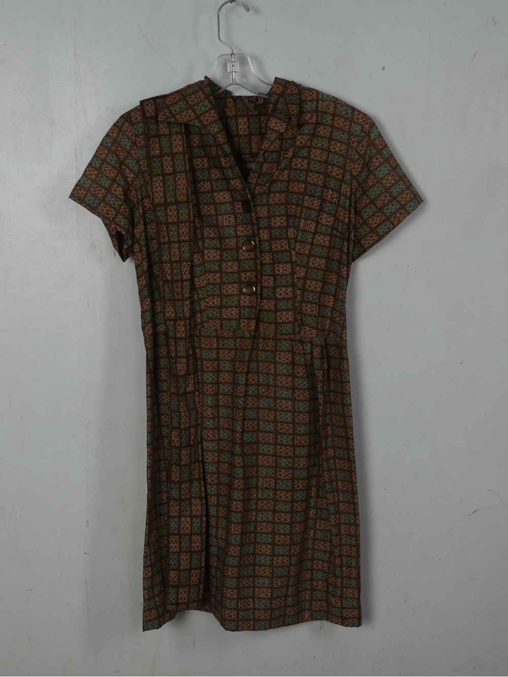 Vintage-Inspired Brown Patterned Short-Sleeve Dress